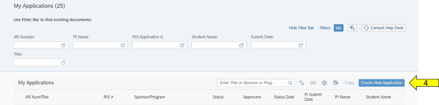 Image of MRA screen showing that the create new application button can be found on the right side of page