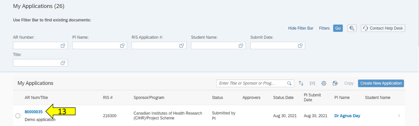 Image of MRA screen showing that the location of Click the AR Num/Title